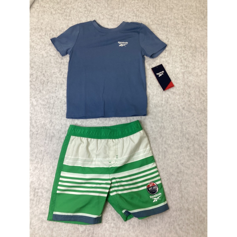 Reebok Kids 2PC Swim Set Blue Slate Green Striped Rash Guard Shorts Size 5 NWT‎